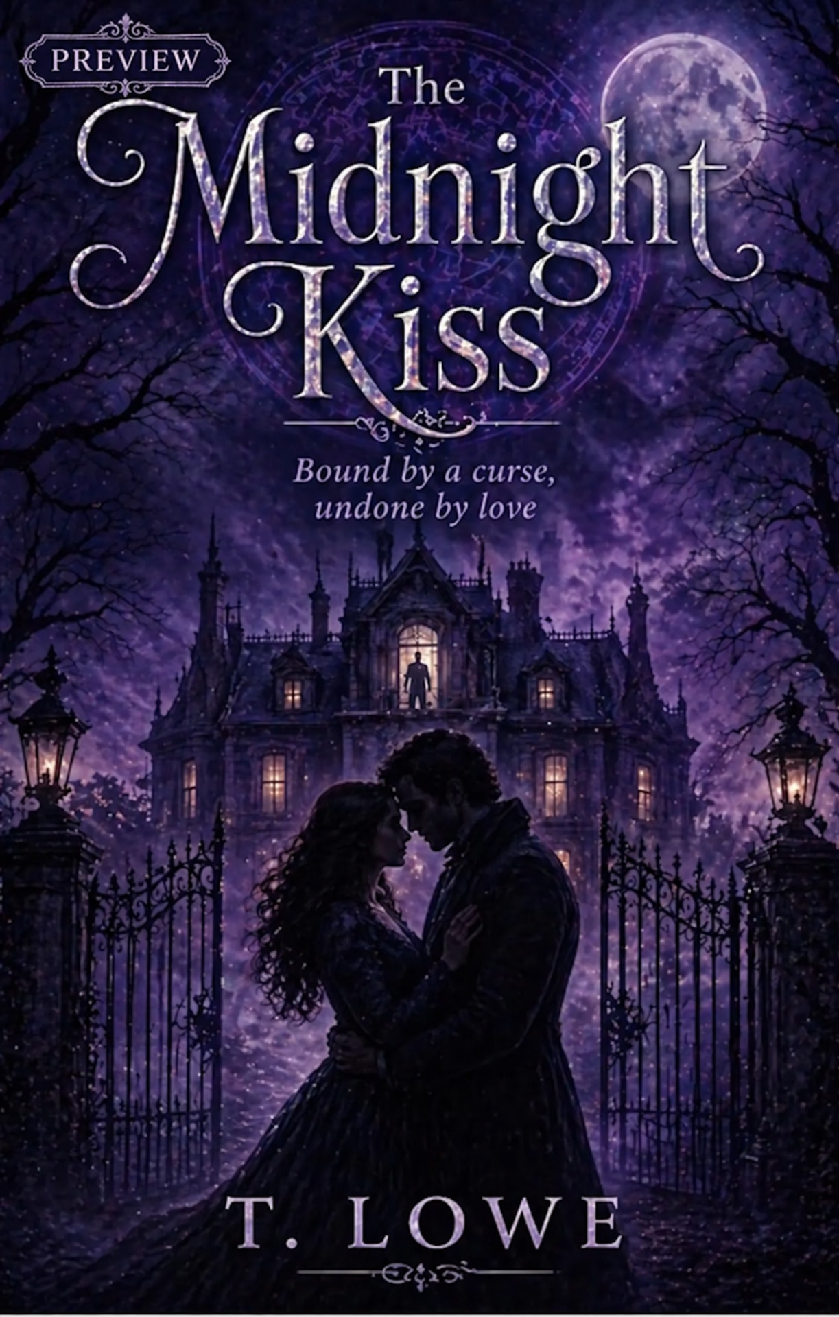 The Midnight Kiss preview book cover by T. Lowe: a couple embracing under a violet moon