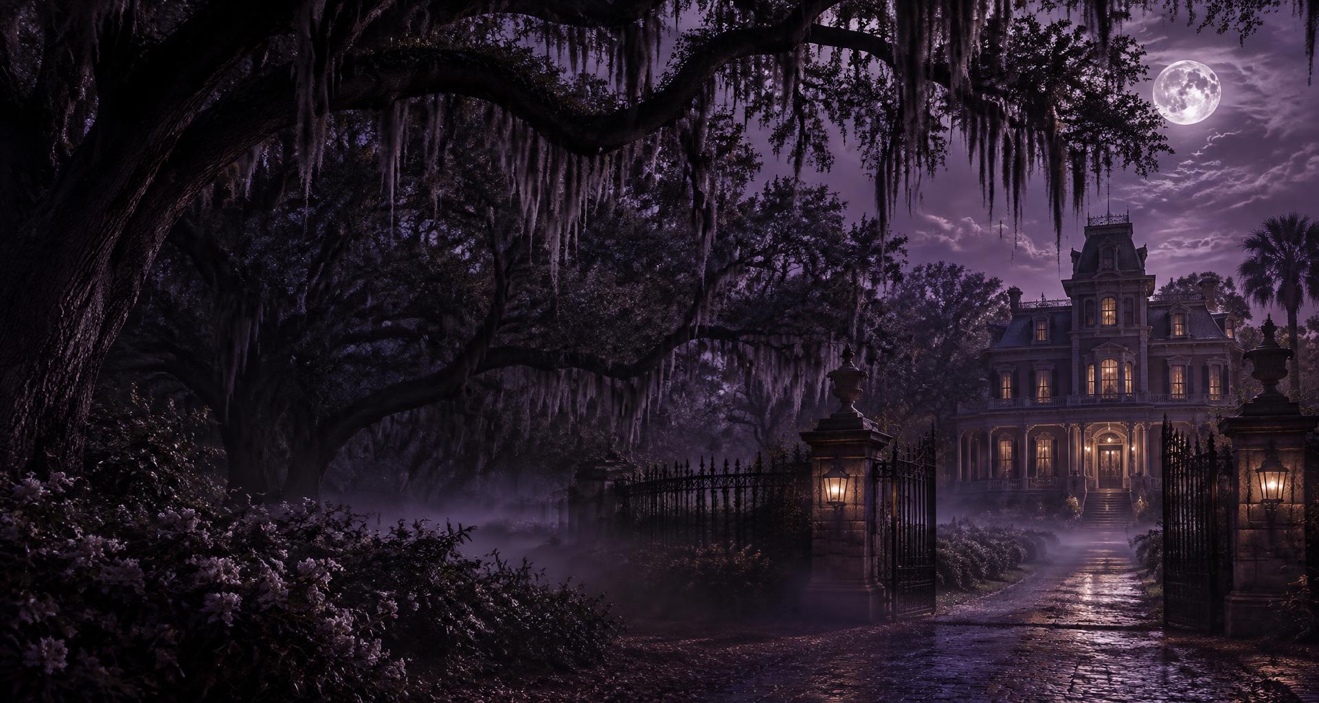 Moonlight falling over Savannah’s moss-draped oaks and a Victorian mansion